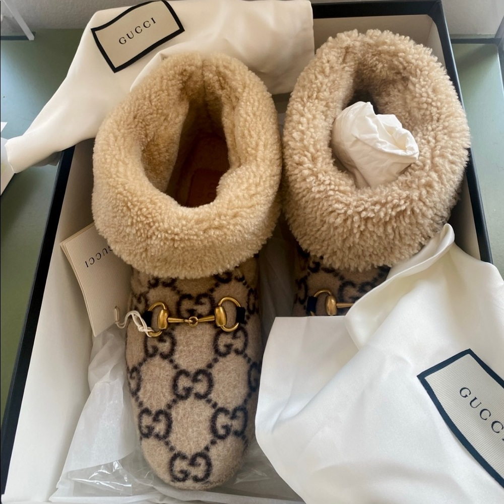 BRAND NEW IN BOX GUCCI REAL WOOL LAME GG MONOGRAM HORSEBIT BOOTS